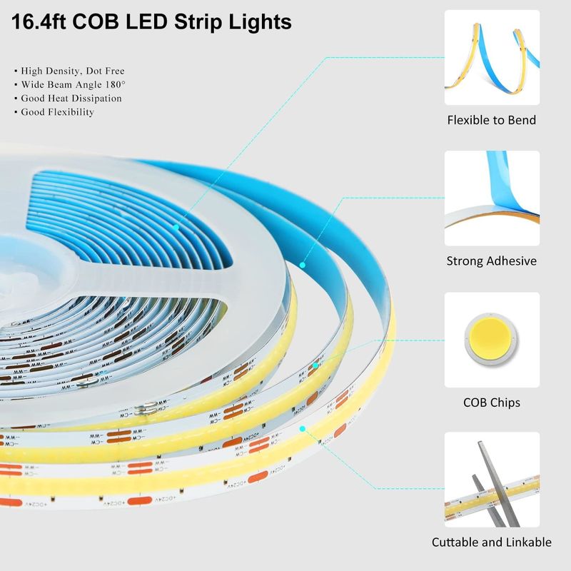 COB LED ストライプライト CCT (2700K-6500K 調節可能) 2M 560LEDs/m CRI90 LED テープライト キット
