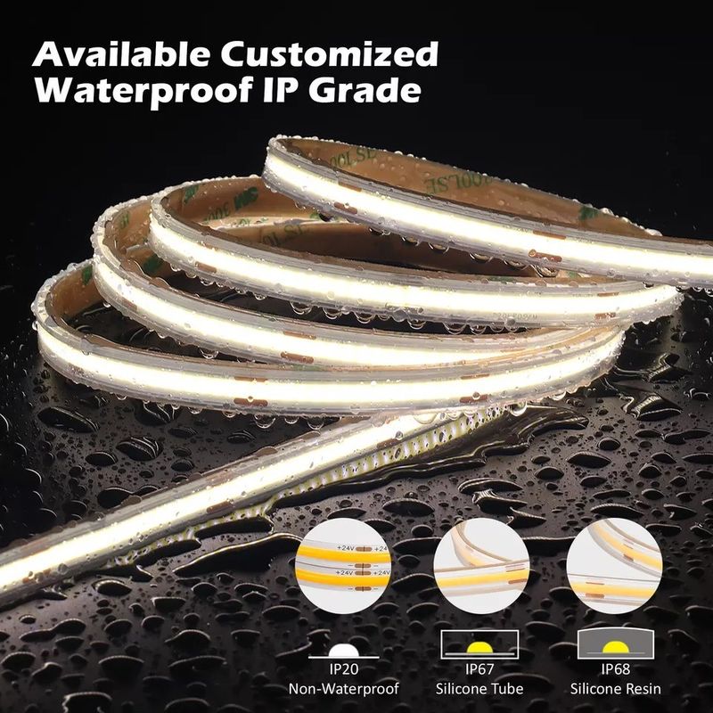 12V 24V 防水 IP65 IP67 IP68 CRI90 ディムブル 5M 柔軟なCOB LED ストライプ