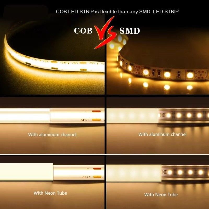 12V 24V 防水 IP65 IP67 IP68 CRI90 ディムブル 5M 柔軟なCOB LED ストライプ